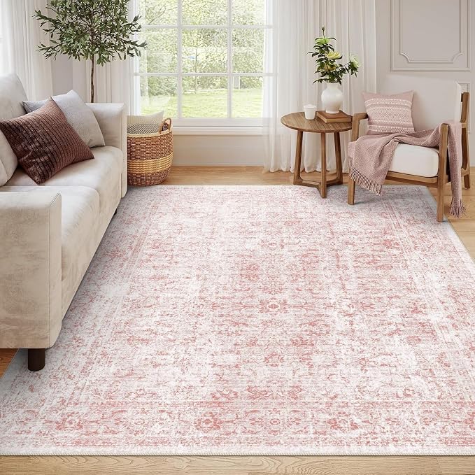 4x6 Rug, Small Area Rug for Living Room, Bedroom, Kitchen, Machine Washable Non-Slip Throw Rug, Vintage Distressed Floral Carpet for Entryway Nursery Dinner Room - Durable (Pink)