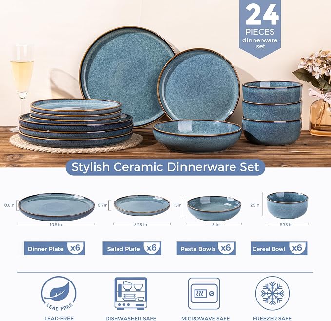 GBHOME 24 Pieces Double Bowls Ceramic Dinnerware Sets for 6, Stoneware Plates and Bowls Set with Reactive Glaze, Scratch Resistant Stoneware Dishes Set, Dishwasher & Microwave Safe