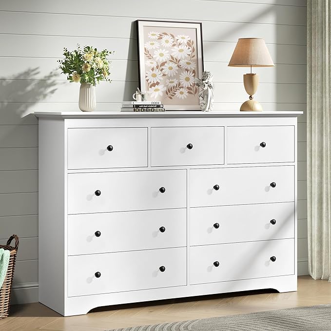White Dresser for Bedroom，55" Wide 9 Drawers Dressers,Modern Wooden Chest for Living Room, Hallway
