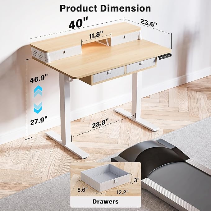 Electric Standing Desk with 4 Drawers 40''x 24'' Small Adjustable Height Sit to Stand Up Desk with Storage Shelf, C-Clamp Mount Compatible Black Home Office Desks Computer Desk Ergonomic Workstation