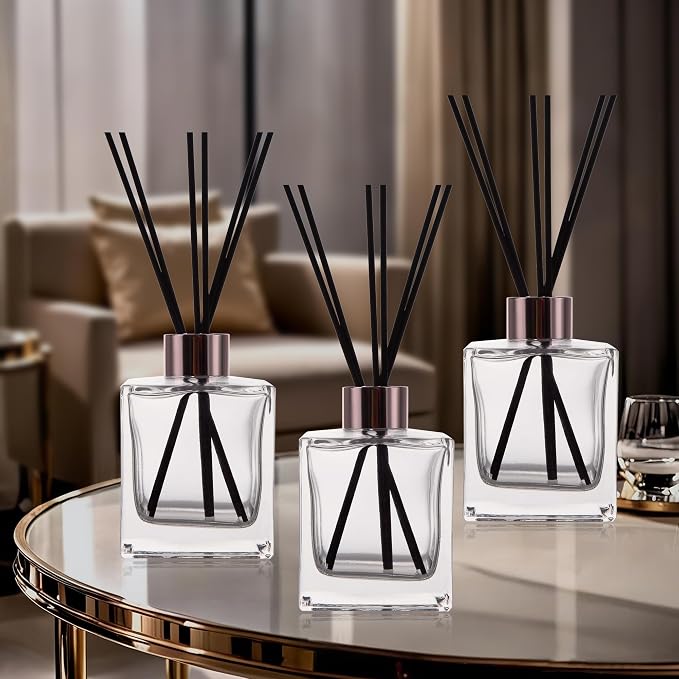 6 Pack Perfume Reed Diffuser Bottle,Empty Square Essential Oil Bottles Glass Jar with Black Sticks for DIY Fragrance Replacement Diffuser Sets (200ml/6.8 oz, Transparent Color)