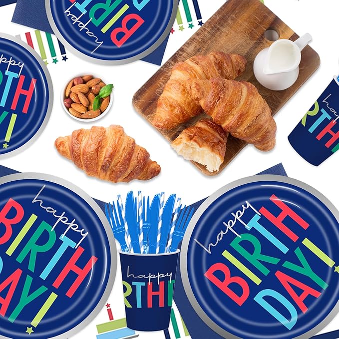 141pcs Dark Blue Happy Birthday Decoration Dark Blue Birthday Decorations Plates Napkins Forks Knives Straws Tablecloth Cups for Men Women Birthday Party Supplies,Suitable for 20 Guests