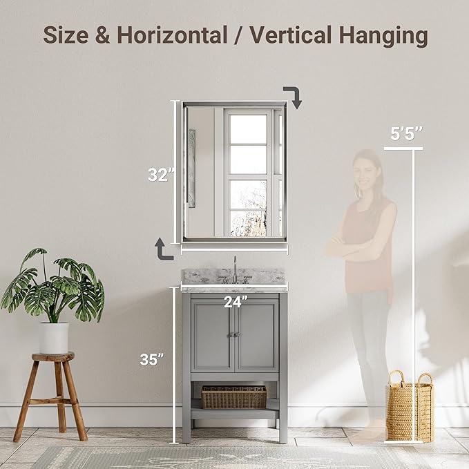 Silver Bathroom Mirror, 24x32 Inch Beveled Silver Vanity Mirror for Bathroom Wall, Silver Metal Framed Mirror Anti-Rust, Silver Rectangle Wall Mounted Mirror for Bathroom(Vertical/Horizontal)
