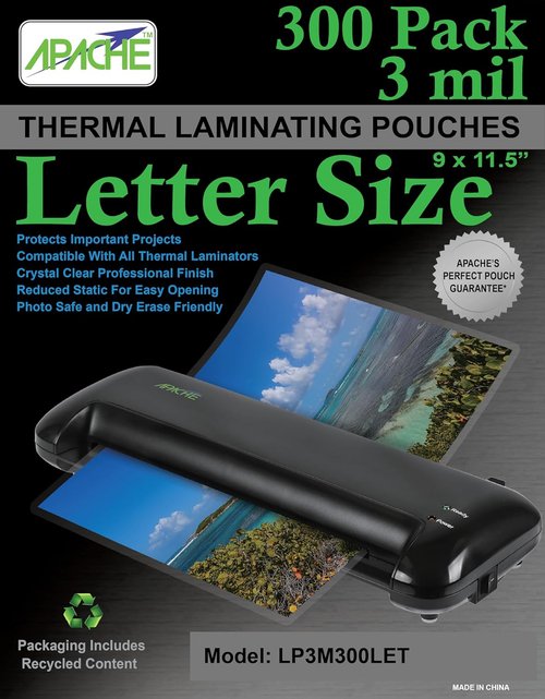 Apache Laminating Pouches - 300 Pack Thermal Sheets, 3 Mil, 8.5 x 11 Inch Size, Super Clear Finish