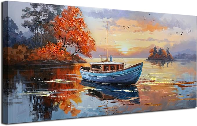 Brushart Ship Wall Art for Living Room, Large Canvas Wall Art Landscape Picture, Painting Wall Decor Textured Artwork for Walls Bedroom Home Office 58"x29"