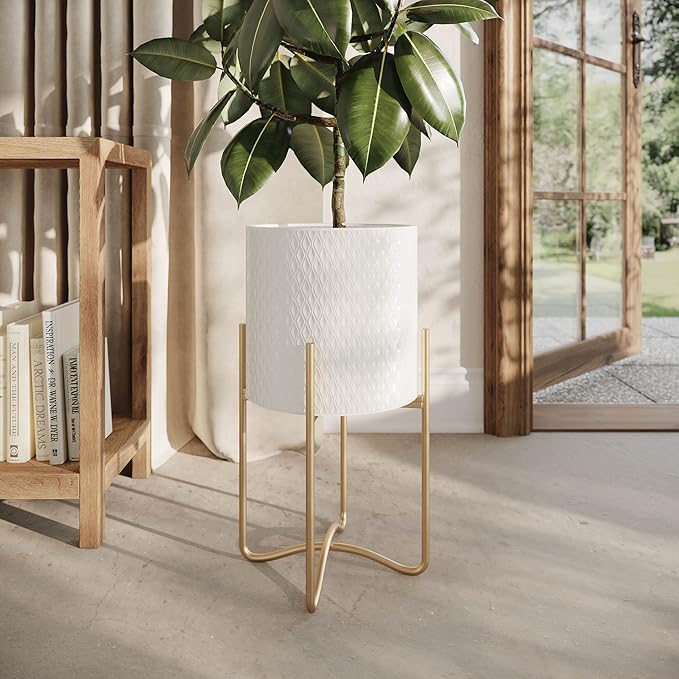 EverNest Claire Mid-Century Modern White Plant Pot with Ambrose Stand, SelectBase, Indoor Plant Pot, Bohemian Style, Minimalist Plant Home Décor (Set of 3, Gold)