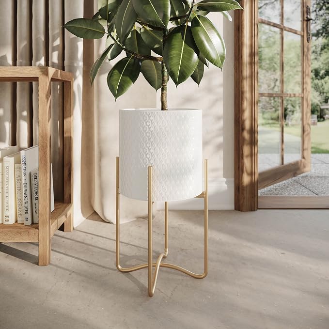 EverNest Claire Mid-Century Modern White Plant Pot with Ambrose Stand, SelectBase, Indoor Plant Pot, Bohemian Style, Minimalist Plant Home Décor (Small, Gold)