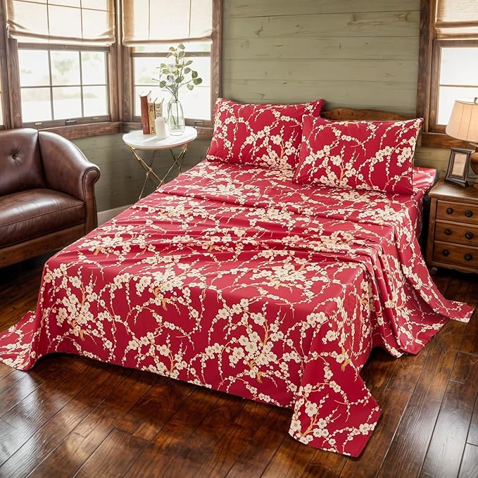 Brandream Floral Sheet Set King Size Japanese Oriental Style Cherry Red Blossom Flower Branches Print Chinoiserie Bedding Pillowcases Set 800TC Egyptian Cotton Sateen Botanical Tree Deep Pocket, 4 Pcs