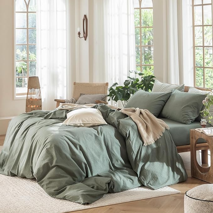 MooMee Bedding Duvet Cover Set 100% Washed Cotton Linen Like Textured Breathable Durable Soft Comfy (Heathered Green, Twin 68"x90")