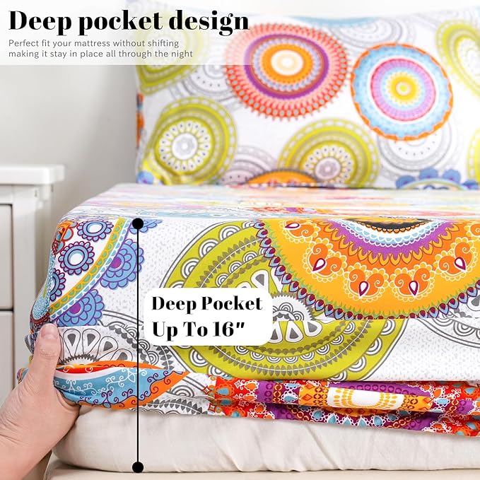 Bedlifes Twin Sheet Set Ultra Soft, Breathable, Silky Flower Deep Pocket 100% Microfiber Bedding, 3 Piece Twin Size Mandala Patterned