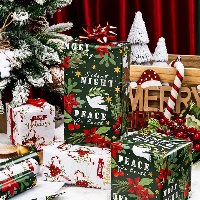 MAYPLUSS Green Christmas Wrapping Paper - 17In x 120In Per Roll - Elegant Gold Red Poinsettia, Vintage Snowflake, Peaceful Dove & Olive Branch in Flight Winter Gift Wrap for Christmas, Holiday, Party