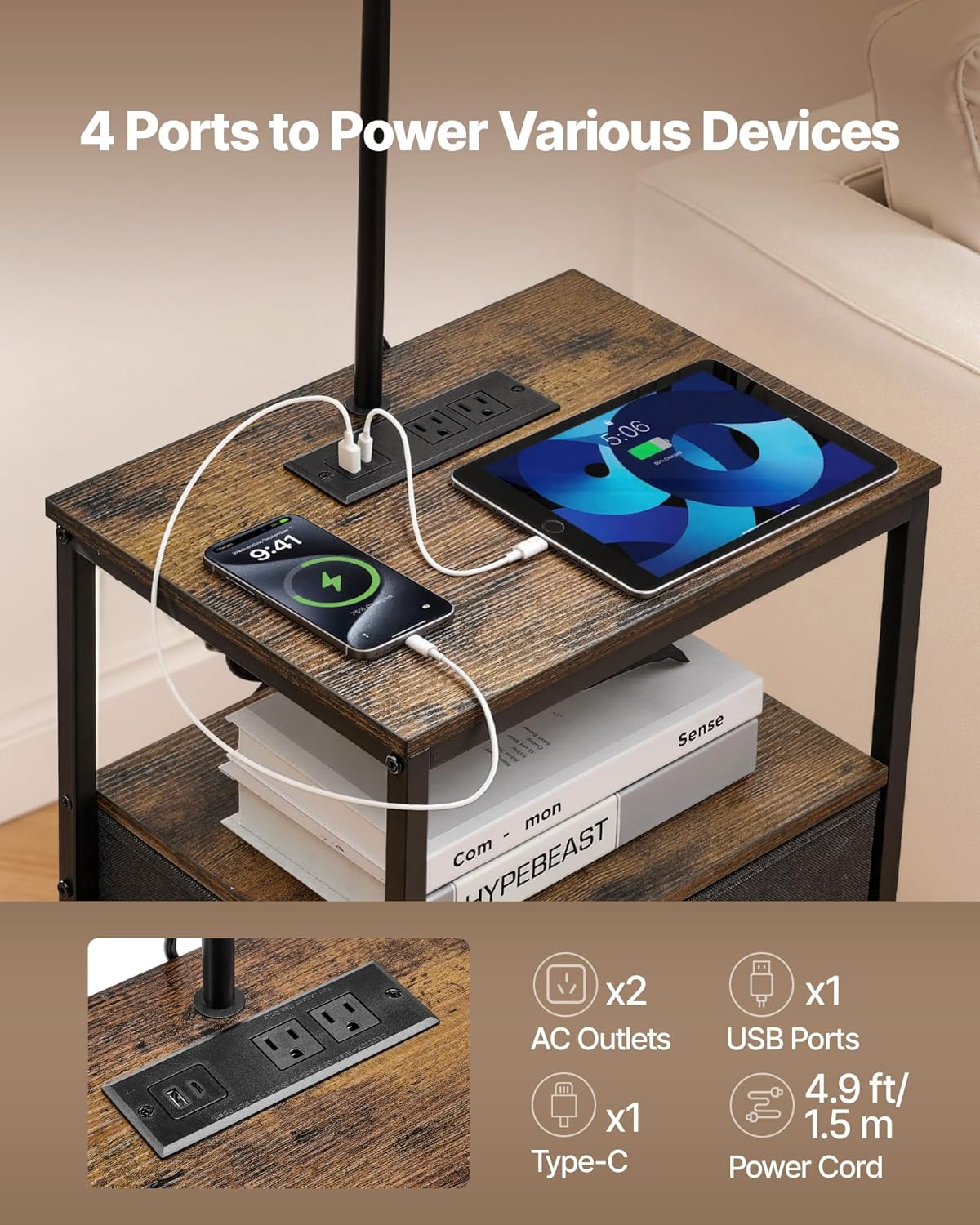 VEVOR Floor Lamp with Table - 3-Tier End Table & 3 Color Temperature Lighting | Modern Bedside Desk with USB & AC Charging Ports