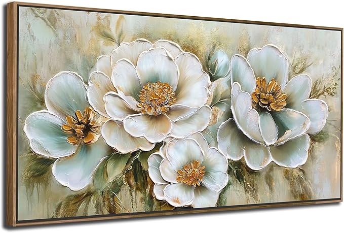 Arjun Framed Canvas Wall Art for Bedroom, Large Wood Frame Vintage Flower Painting Living Room Textured Artwork Gold Picture Bloosom Dining Room Kitchen Home Office Wall Decor, 48"x24"
