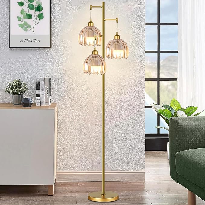 QIYIZM Gold Floor Lamp for Living Room,Bedroom,Tree 3 Light Standing Lamp Mid Century Modern Brass Tall Floor Lamps Vintage Retro Floor Lights Glass Flower Amber Lamp Shade Farmhouse Boho Bohemian