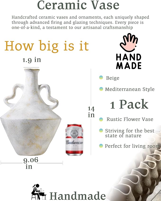 UPWOIGH 14 in Vintage-Inspired Distressed Ceramic Vase with Double Handles, White Handmade Look Flower Vase with Intentional Black Distressing, Modern Rustic Decorative Pottery for Living Room Table