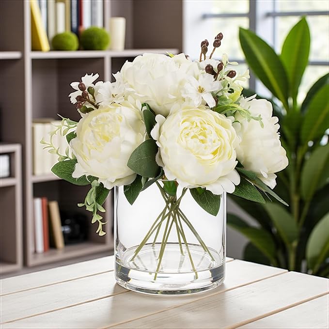 ENOVA FLORAL Artificial Flower Arrangement with Vase,Mixed Artificial Fake Silk Peony Flower in Vase for Decoration Home Office, Wedding Centerpiece (Cream01)