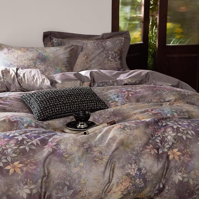 mixinni Vintage Floral Duvet Cover Set - King Size, 100% Long Staple Cotton Percale, Reversible Purple Floral Bedding Set with Zipper Closure, 3-Piece Luxury Duvet Cover with 2 Pillow Shams (20"x36")