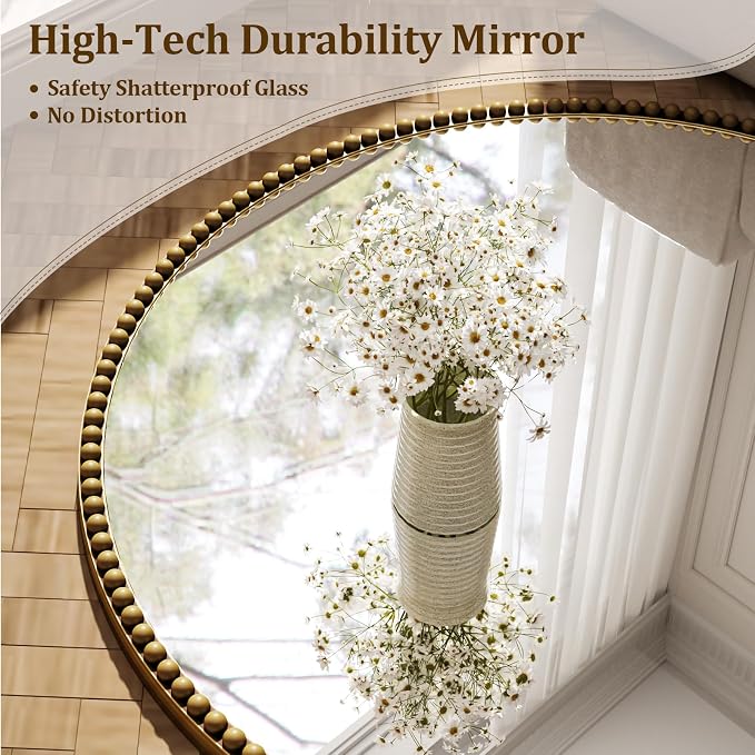 24 Inch Round Bathroom Mirror - Luxurious Retro Beaded Circle Decorative Wall Mirror with PU Frame Hanging Leaning as Art Decor for Entryway, Bedroom, Living Room, Hallway, Gold