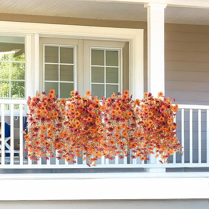 Artificial Faux Mums Fall Flowers for Outdoor Outside Decoration, 2 PCS Fake Silk Daisy Flower Plants Realistic UV Resistant for Home Porch Balcony Patio Autumn Decor (Orange Brown