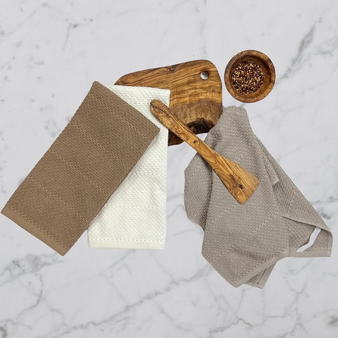 Beige White Brown Taupe Kitchen Hand Dish Towels: Oversized 28" x 18",100% Cotton Cloth Soft Cleaning Drying Absorbent Textured Design, Set of 3 Multipurpose for Everyday Use (Neutral Collection)