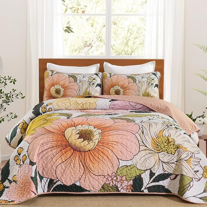 Dintszyayue Pink Quilt Set King, 3 Pieces Floral Bedspreads Lightweight Coverlet Set for All Seasons, Reversible Quilted Printed Bedding Set with 2 Pillow Shams