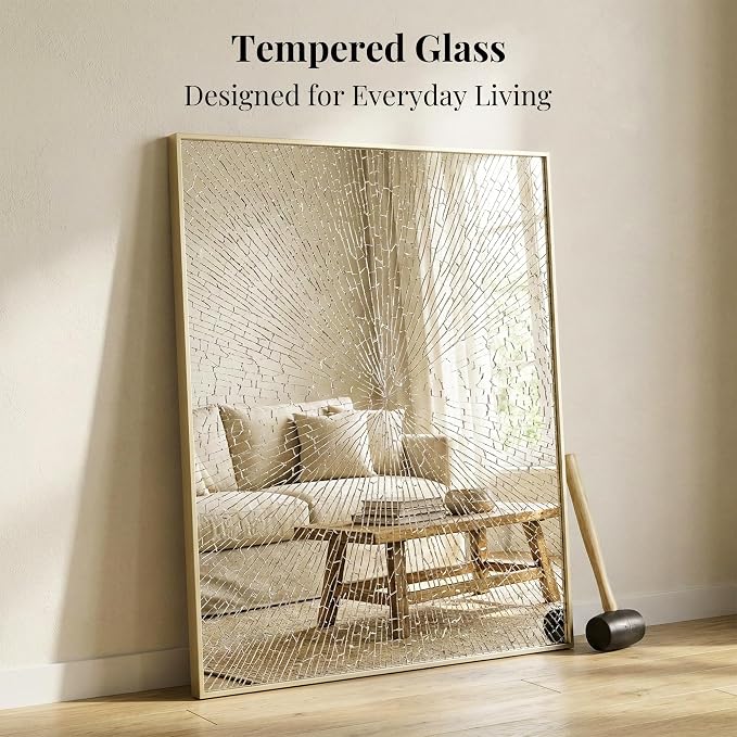 30"x36" Gold Bathroom Mirror for Wall, Shatterproof Tempered Glass, Brass Tone Rectangle Narrow Frame, H/V Wall-Mounted, Ultra-Flush