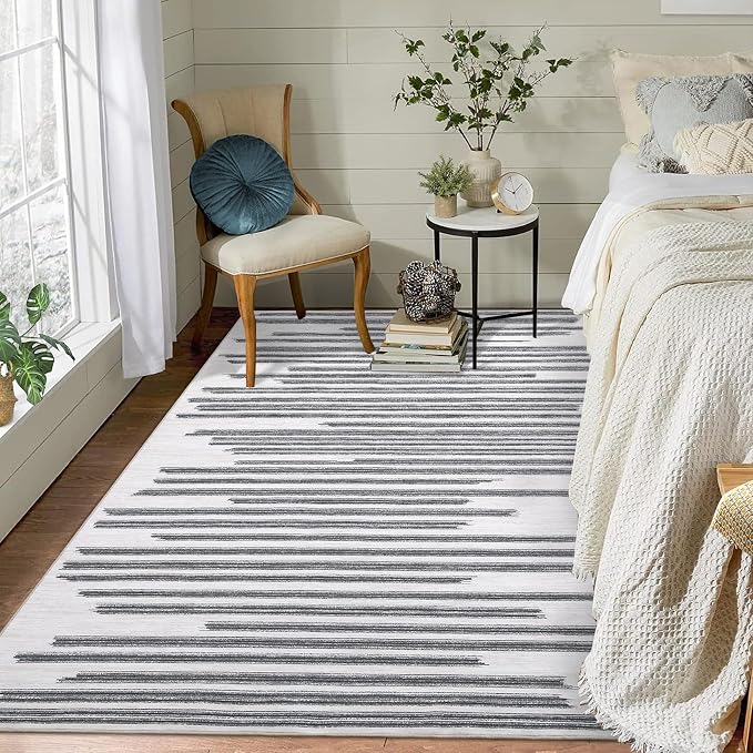 Washable 5x7 Rugs for Living Room Low Pile Soft Bedroom Rug Modern Abstract Lines Carpet Non Shedding Thin Office Carpets Contemporary Geometric Striped Floor Mats for Kitchen Nursery, Beige Grey