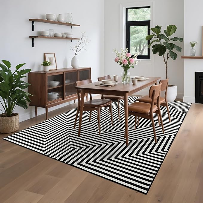 Washable Modern Lines Large Rug 10x13 for Living Room Modern Geometric Rugs Low Pile Soft Bedroom Carpet Thin Foldable Abstract Floor Carpet for Dining Kids Room Playroom, Black