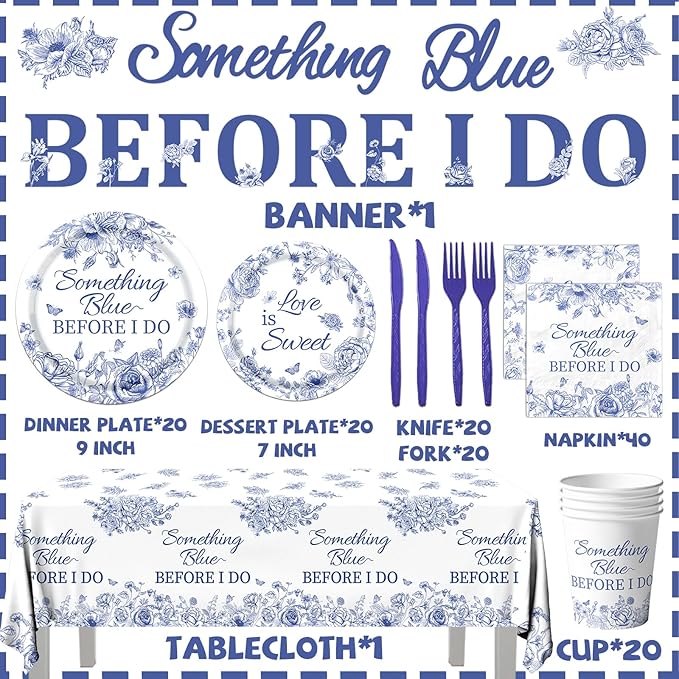 142PCS Something Blue Before I Do Bridal Shower Decorations Bridal Shower Party Favors for 20 Guests Blue Floral Plates and Napkins Tableware Set for Wedding Engagement