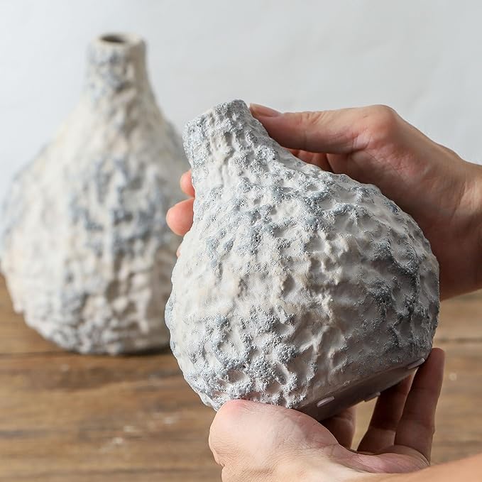 Stone Vases, Ceramic Bud Vase Set of 2 Minimalist Vases for Pampas Grass,Modern Vase for Wabi Sabi Home Decor, Shelf Decoration，Fireplace Decor,Coffee Table Decor