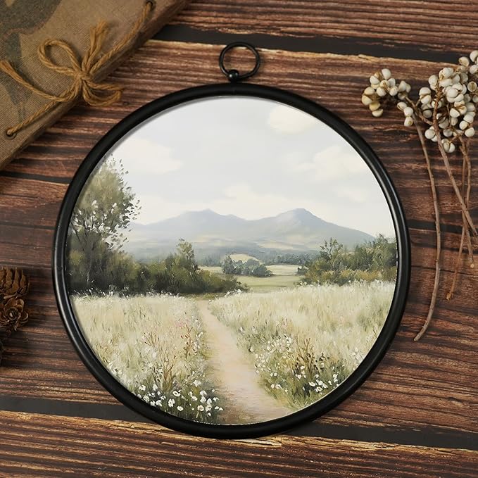 XIAOAIKA Round Vintage Wall Hanging Decor, Printed Textured Surface with Wood Back, Country Path Design, Black Metal Frame, Ready to Hang for Living Room Bedroom, 10 Inch