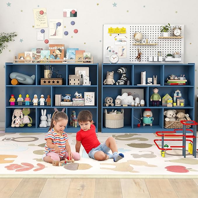 KOTEK Toy Storage Organizer, 5 Cubby Kids Bookshelf, Wooden 3-Tier Bookcase Storage Cabinet, Open Display Book Shelf for Daycare, Nursery, School Classroom, Living Room (Blue, 8 Cubes)