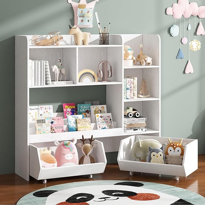 Toy Storage Organizer, Kids Bookshelf and Cabinet for Boys and Girls, Kids Bookcase and Storage Bin with Moveable Drawers for Nursery Room (White)
