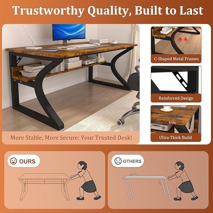 AZN Computer Desk, 47'' Computer Desk, Home Office Desks w/Storage, Home Office Desks w/U-Size Metal Frame for Home Office Bedroom, Study Writing Work Table w/Water-Resistant, Scratchproof Surface