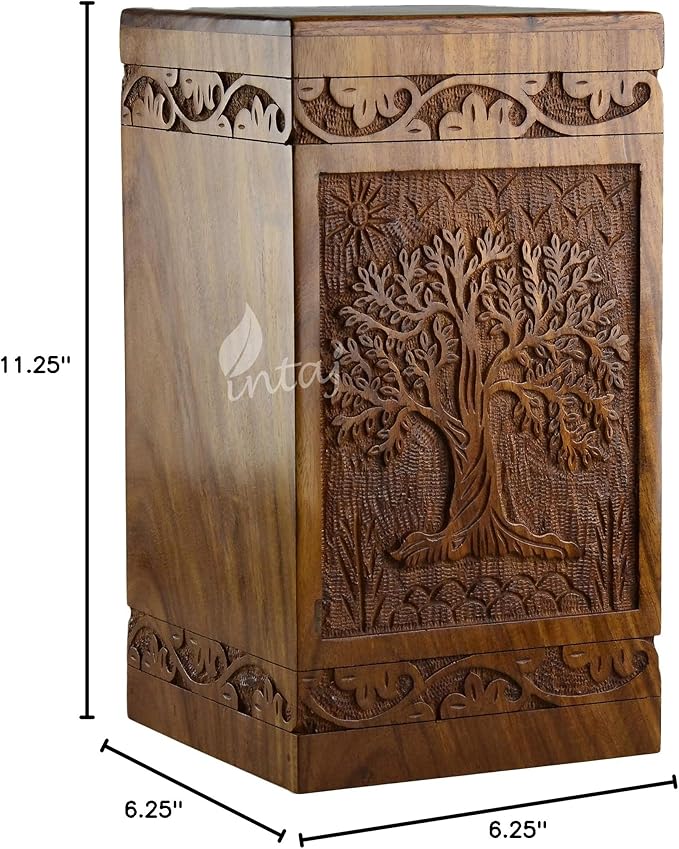 INTAJ Handcarved Wooden Cremation Urn for Human Ashes - Tree of Life Design, 250 lbs Capacity, Suitable for Adult Men and Women - Decorative Funeral Urn Box and Casket
