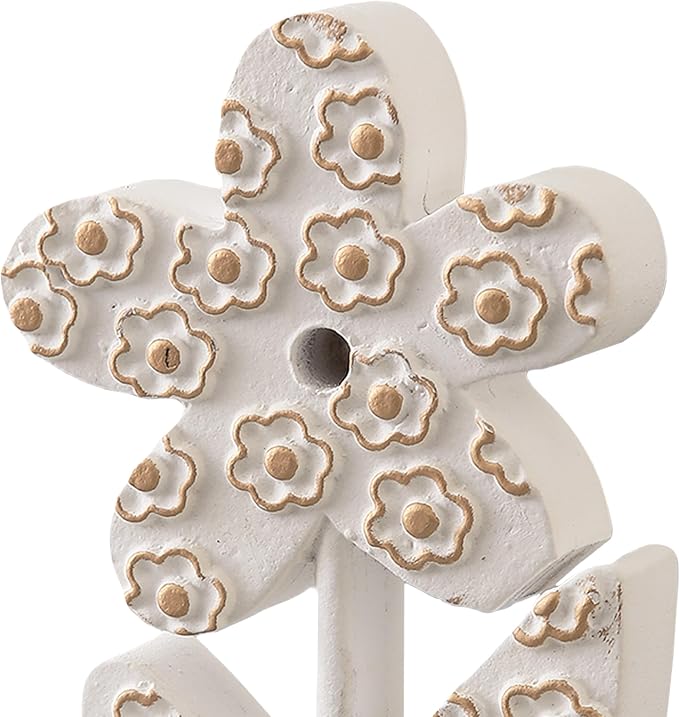 Vintage Small Cute Wooden Flowers Table Decorations for Dining Room 5 X 8 Inch, Handmade Distressed White Rustic Floral Coffee Table Figurine for Living Room, Farmhouse Home Decor for Shelf