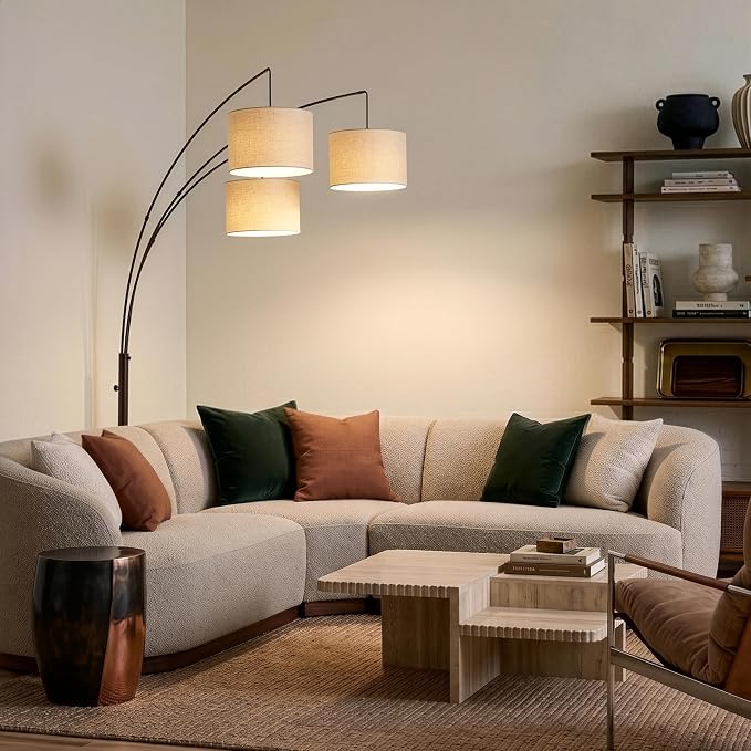 Brightech Trilage Arc Floor Lamp - Large Standing Lamp with 3 Fabric Shades & LED Bulbs for Living Room Over the Sofa, Reading, Multi-Head Traditional Tree Floor Lamp for Bedroom - Oil Rubbed Bronze