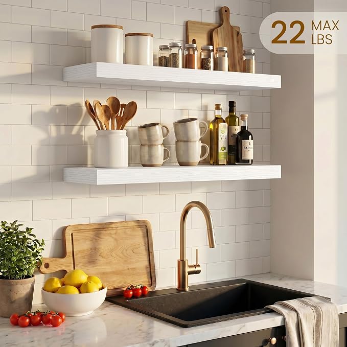 Dreamland Floating Shelves, Rustic Wooden Black Wall Shelves for Bathroom|Bedroom|Kitchen, Deep Wall Mounted Book Shelf, Wood Storage Display Shelf for Home Decor, 22.5" X 6.7" Set of 2