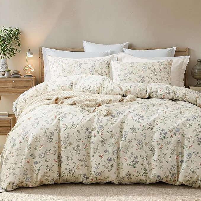 EAVD Vintage Garden Floral Duvet Cover King Soft 100% Cotton Chic Spring Leaves Floral Bedding Set with 2 Pillowcases Fresh Reversible Botanical Comforter Cover with Zipper Closure
