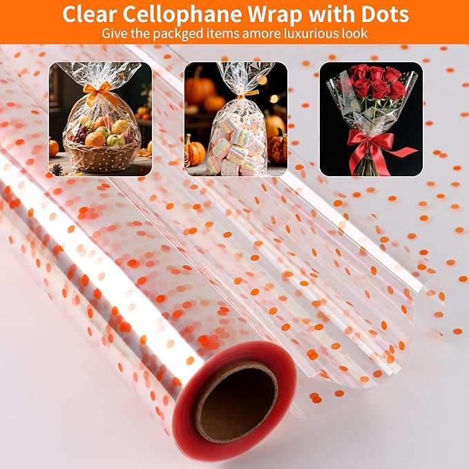 CMFYHM Clear Cellophane Wrap Roll with Orange Polka Dots | 34" x 100’ | 3 Mil Transparent Cellophane Roll,Gift Wrap Cellophane,large Cellophane Wrap Film for Autumn Thanksgiving Baskets, Gifts, Treats,Crafts, Halloween Wrapping