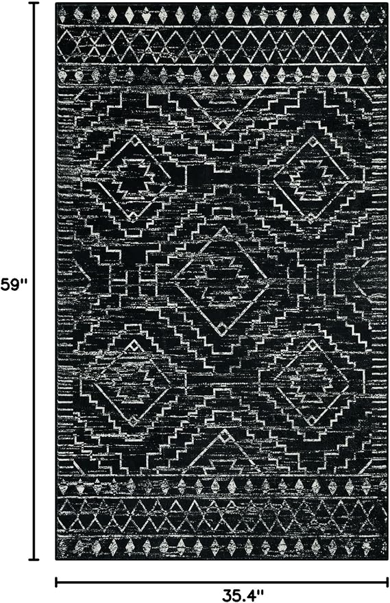 Wonnitar Moroccan 3x5 Rug, Black Washable Small Rug for Bedroom, Non-Slip Geometric Tribal Entry Throw Mat, Boho Farmhouse Rustic Soft Low Pile Area Rug for Bathroom Dining Guest Room (Black,3'x5')