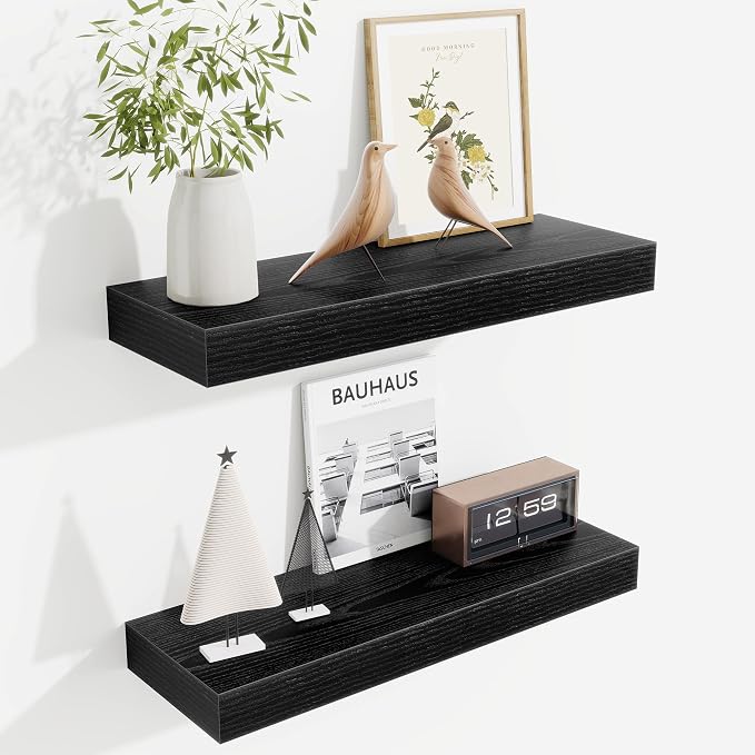 Fun Memories Floating Shelves Bathroom for Wall Mounted Shelves, 20 Inch Wood Shelf Set of 2, Home Storage & Display Decor, Black