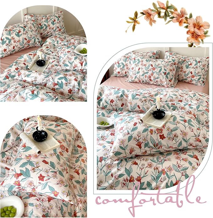 EAVD Red Floral Duvet Cover King Soft 100% Cotton Garden Floral Leaves Botanical Bedding Set with 2 Pillowcases Chic Shabby Vintage Floral Comforter Set with Zipper Closure
