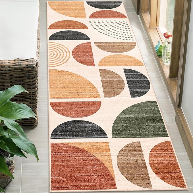 MUJOO Boho Runner Rug Washable,2x6 Area Rugs for Hallways Kitchen Bathroom Bedroom Entryway,Non Slip Carpet Long Mat Indoor,Soft Modern Abstract Bohemian Terracotta