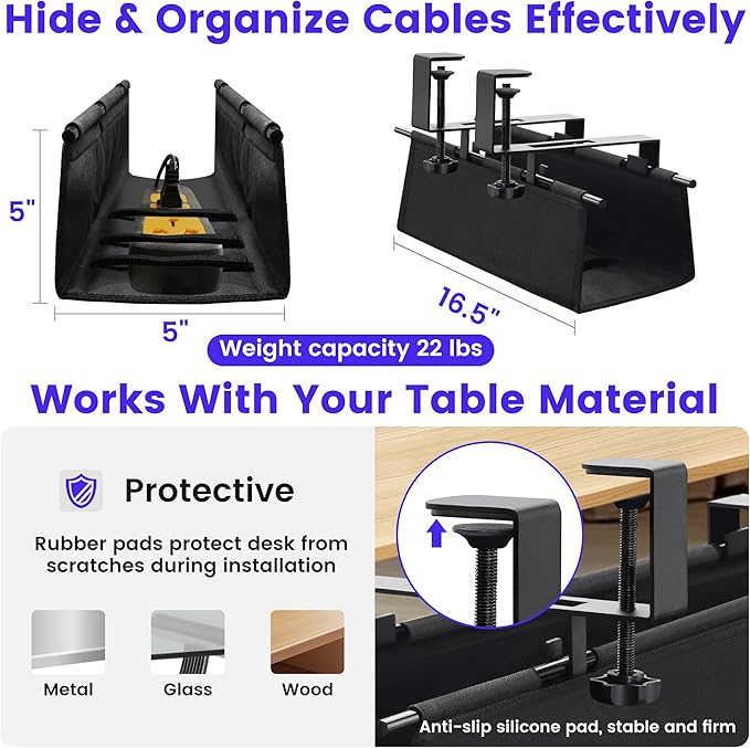 Under Desk Cable Management Tray, Clamp-On Cord Organizer，No Drilling Required, Holds Up to 22 lbs, for Cords, Routers, Power Strips (Black, 28.4inch)