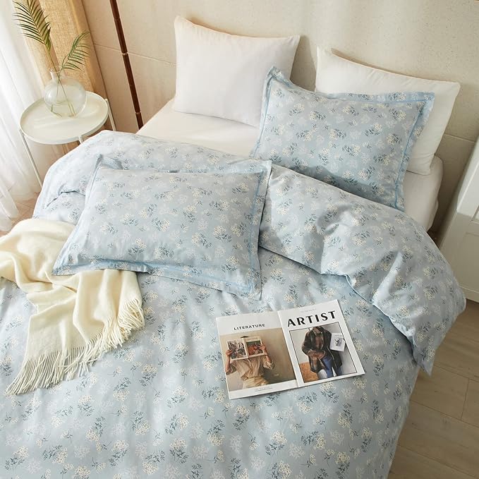 HighBuy Boho Floral Duvet Cover Full Cotton Aesthetic Blue Floral Full Comforter Cover Set Lightweight Soft Garden Style Bedding Set Full Duvet Cover Set Zipper Closure Breathable Full