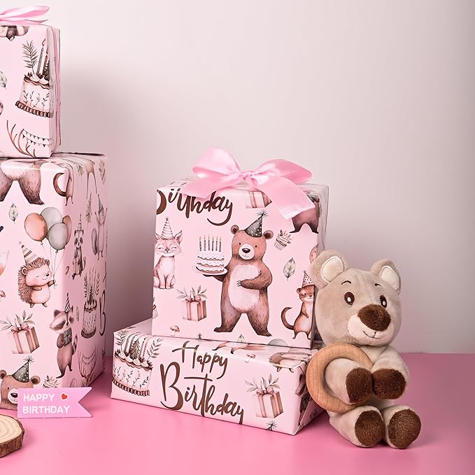 Altarho Birthday Wrapping Paper Roll - Birthday Safari Woodland Animals with Gift Box Cake Design Gift Wrap Sheets for Kids Boys Baby Shower Party Decoration Celebration Total 28.5sq.ft