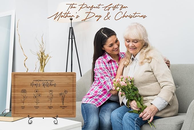 Personalized Birth Flower Cutting Board, Mom or Grandma, Custom Mom Gifts for Christmas, Mother’s Day, Birthday from Daughter, Son, Grandkids, Personalized Birth Month Flower Mothers Garden Gifts
