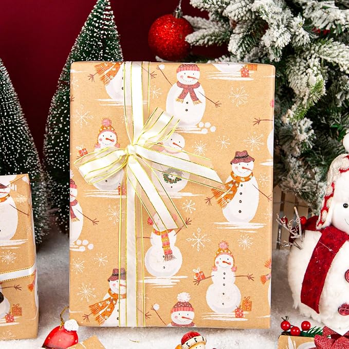MAYPLUSS Christmas Wrapping Paper Roll - 17IN X 33FT - Kraft Gift Wrapping Paper Featuring Cute Scarf Snowman Snowflake Reversible Cut Lines for Kids, Holiday, New Year