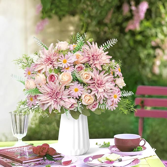 4PCS Artificial Flowers Dahlia Bouquet Fake Flowers Purple Silk Roses Daisies Faux Floral Arrangements for Dining Table Centerpieces for Kitchen Bridal Bouquet Wedding Party Home Decor